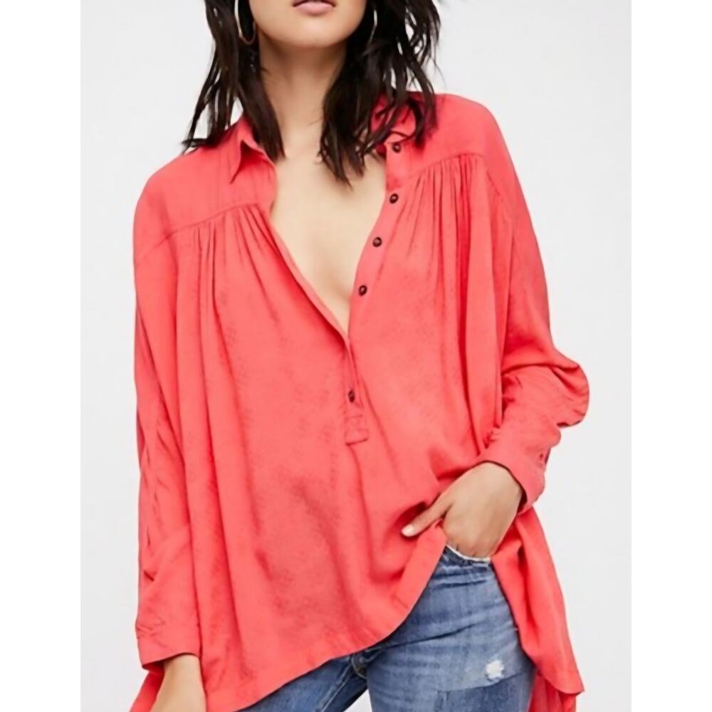 Free People Lovely Day Coral Boho Peasant Top L Oversized Romantic‎ Cottagecore